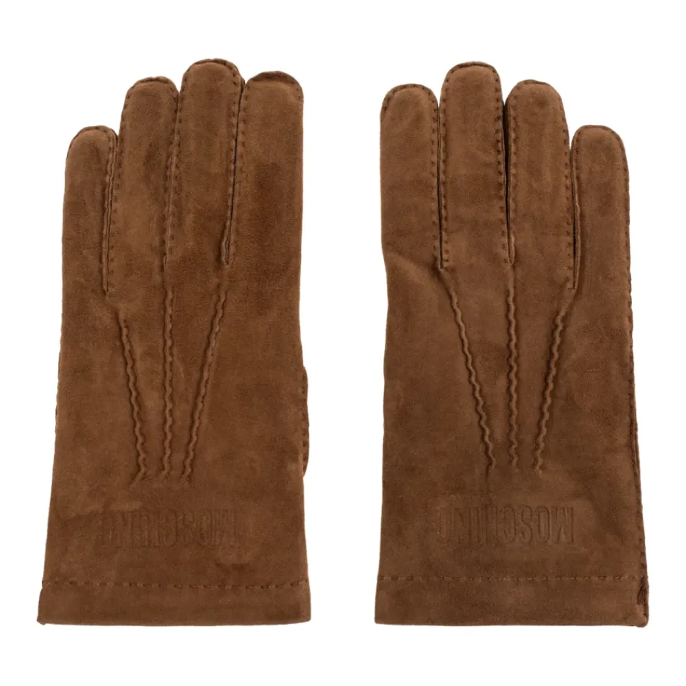 Handsker|Handsker^Moschino Suede handsker med broderet logo Brun
