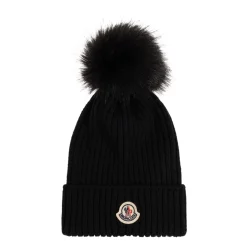 Huer & Kasketter^Moncler Uldhue med imiteret pelskvast Sort