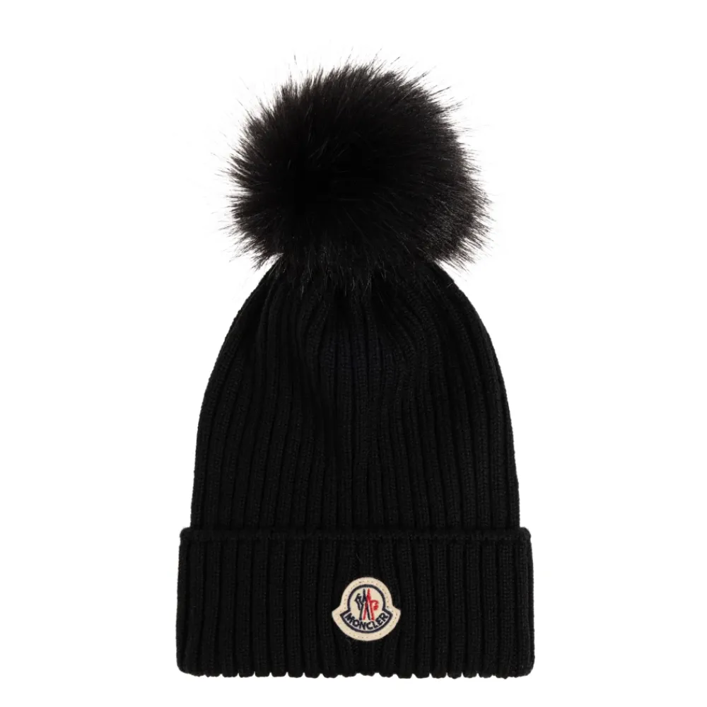 Huer & Kasketter^Moncler Uldhue med imiteret pelskvast Sort
