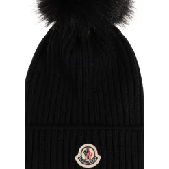 Huer & Kasketter^Moncler Uldhue med imiteret pelskvast Sort