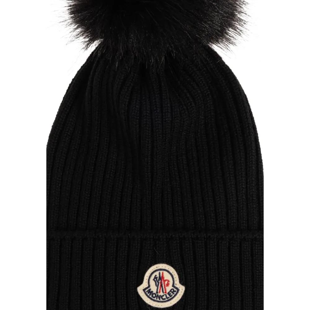 Huer & Kasketter^Moncler Uldhue med imiteret pelskvast Sort
