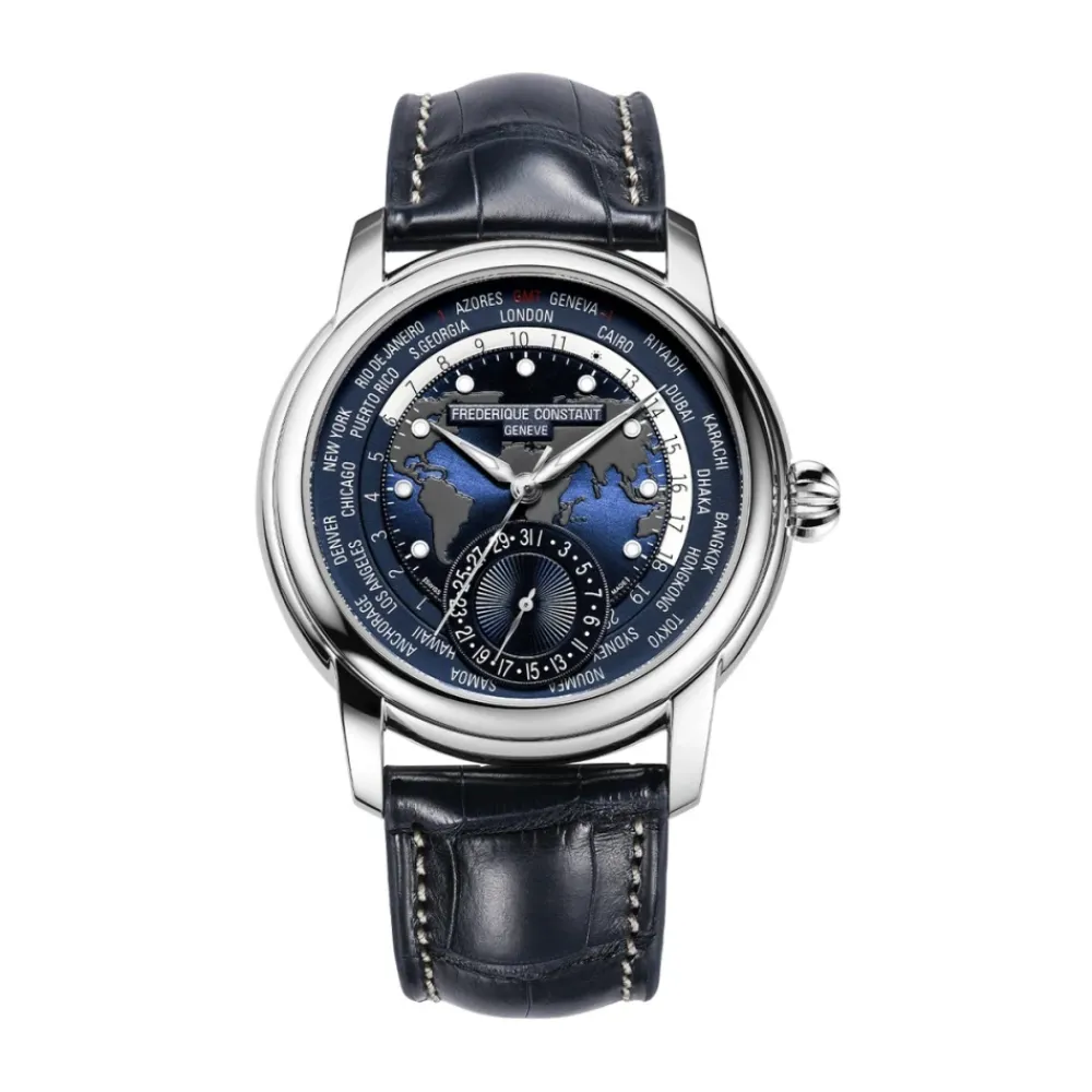 Ure<FREDERIQUE CONSTANT UOMO - FC -718NWM4H6 - Fremstilling af WorldTimer 42mm GMT læderrem Blå