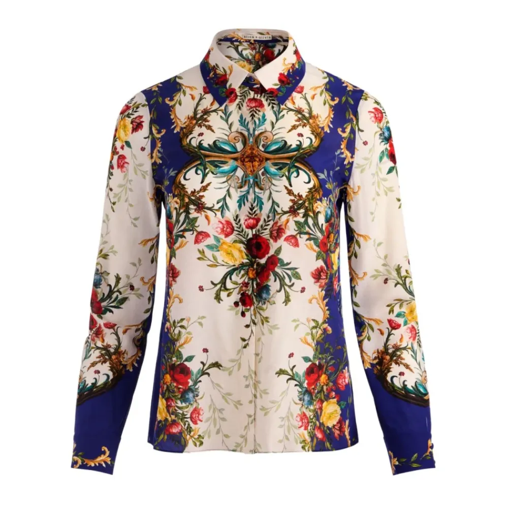 Bluser & Skjorter^Alice + Olivia Willa Langærmet Silke Bluse med Skjult Stolpelukning Multifarvet
